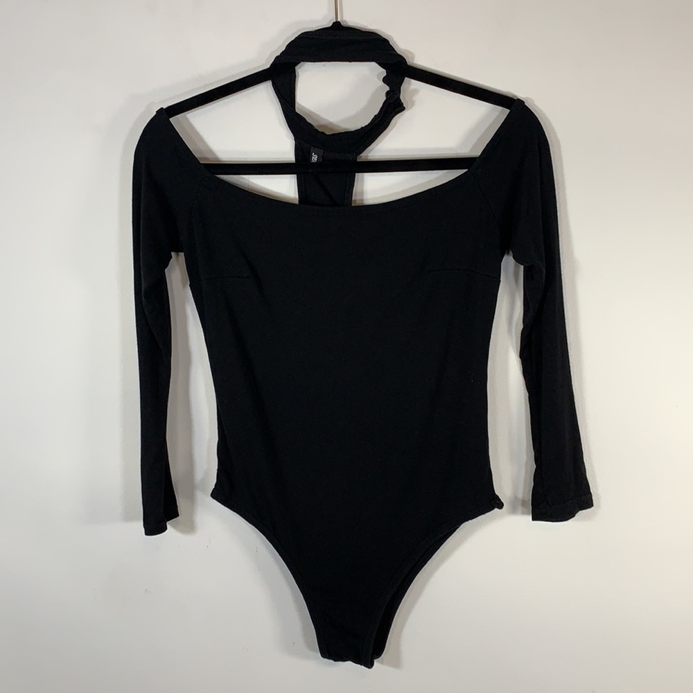 Sebowel Women’s One Piece Cotton Blend Black Long Sleeve Halter Bodysuit